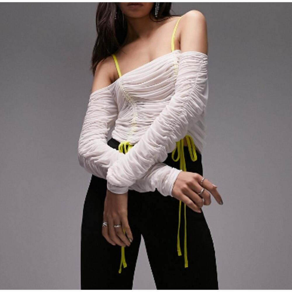 New TOPSHOP NORDSTROM Women's Cream Ruched Mesh Long Sleeve Top Size 4-6